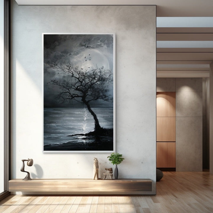 Peinture Arbre Moderne au Clair de Lune, art mural décoration nature