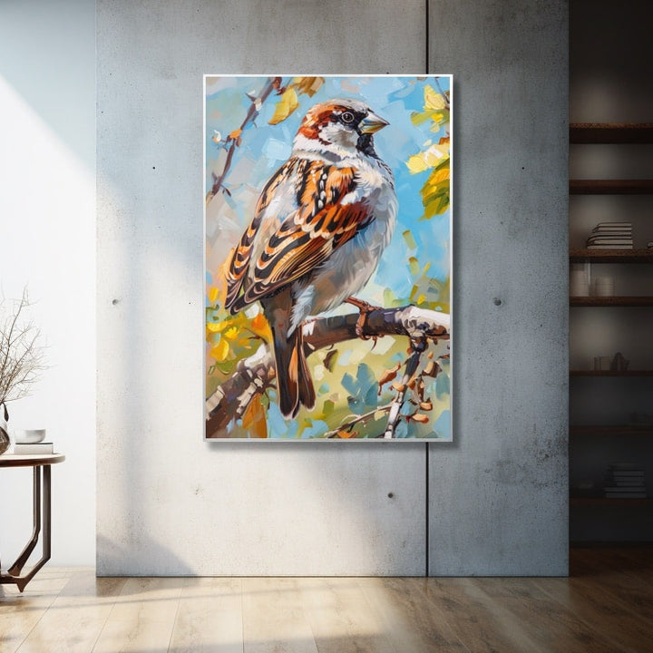 Peinture Moineau, art mural décoration nature