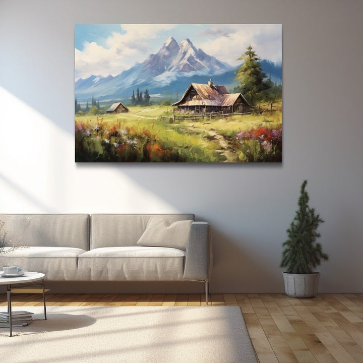 Peinture Chalet dans les Alpages, art mural décoration nature