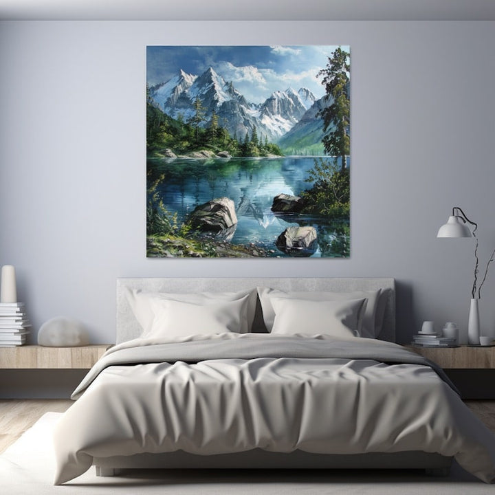 Peinture Lac et Roche Alpine, art mural décoration nature