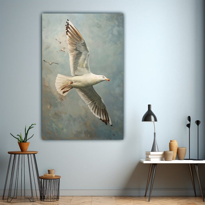 Peinture Mouette aux Ailes Déployées en Vol, art mural décoration nature