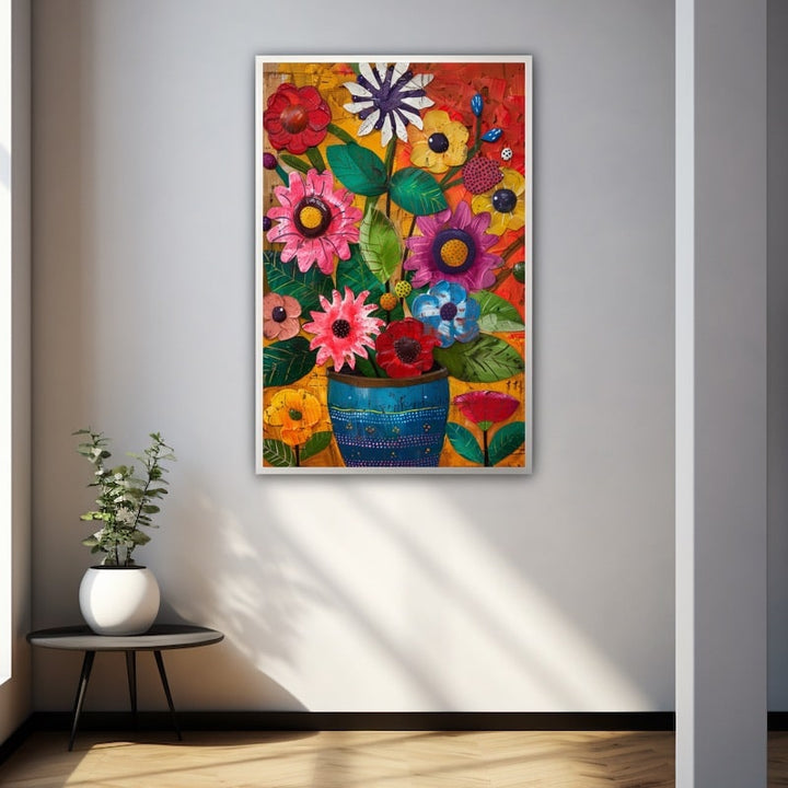 Tableau naïf d'un bouquet de fleurs roses, rouges et jaunes dans un pot bleu à pois, fond orangé