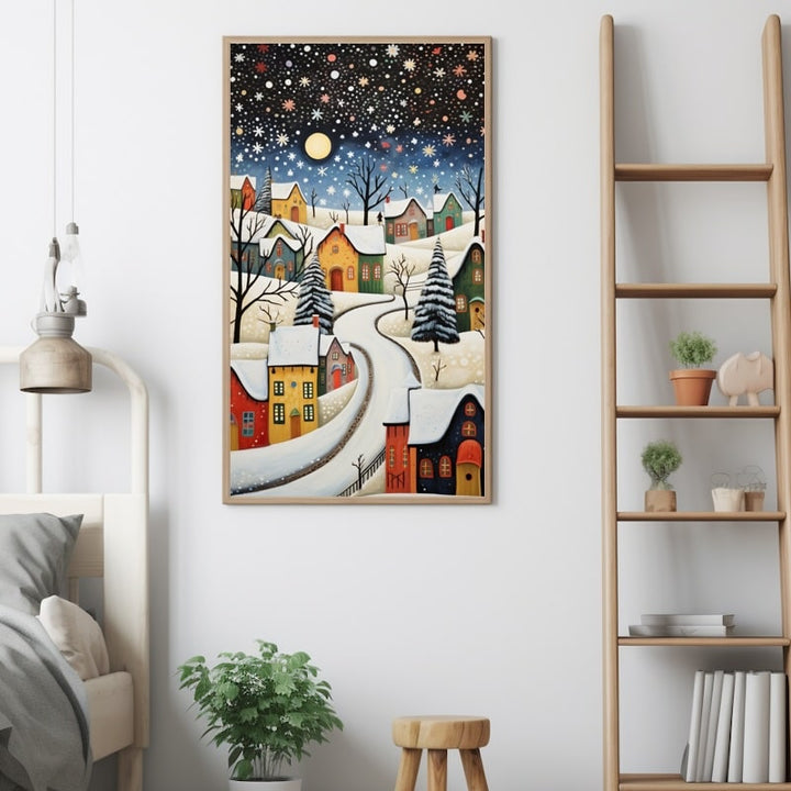 Peinture Naive Neige, art mural décoration nature