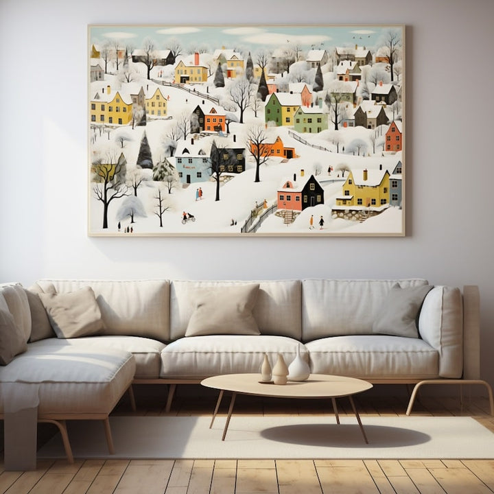 Peinture Naive Paysage de Neige, art mural décoration nature