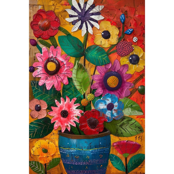 Peinture colorée de marguerites et coquelicots stylisés jaillissant d'un pot bleu, feuillage vert vif