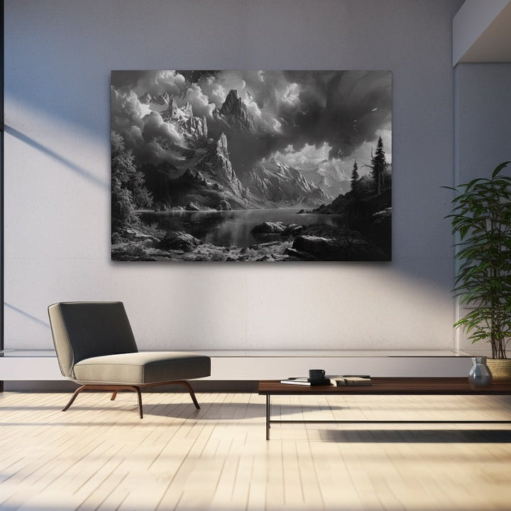 Peinture Paysage Noir et Blanc Montagne Orageuse au Lac, art mural décoration nature
