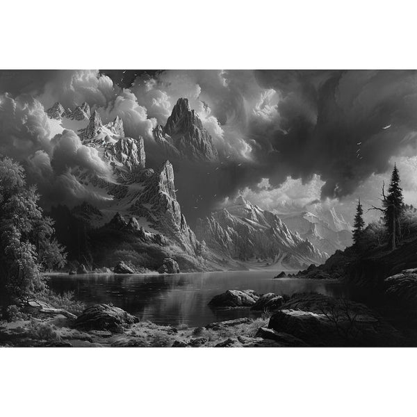 Peinture Paysage Noir et Blanc Montagne Orageuse au Lac, art mural décoration nature