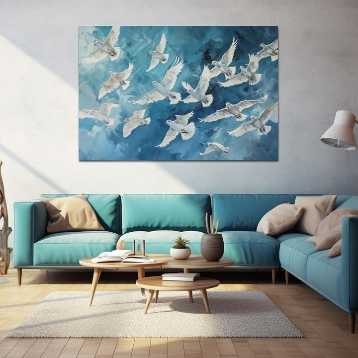 Peinture d'Oiseaux Blancs en Vol dans un Ciel Bleu, art mural décoration nature