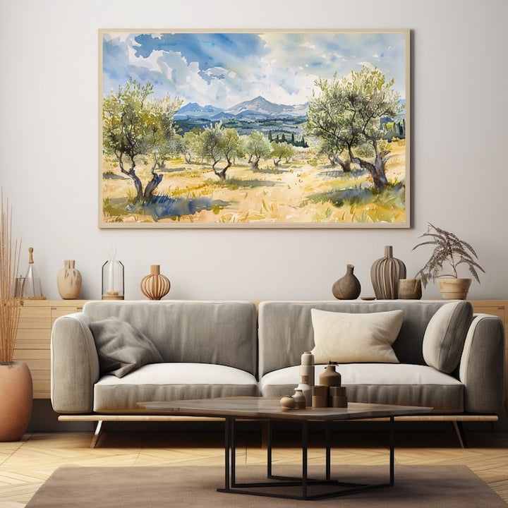 Tableau aquarelle d'une oliveraie provençale, herbes dorées, cyprès et montagne bleue sous ciel nuageux