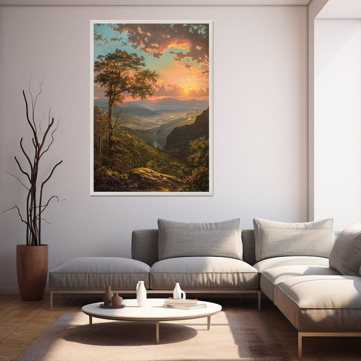 Peinture de Paysage au Coucher de Soleil sur la Vallée, art mural décoration nature