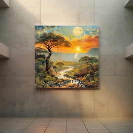 Peinture Paysage Africain à la Cascade et Acacias, art mural décoration nature