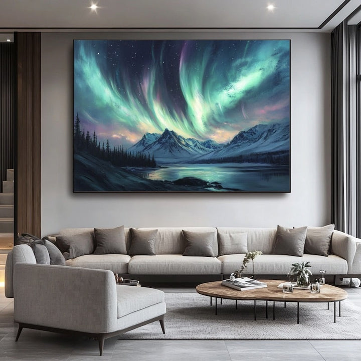 Peinture Paysage Aurore Boréale, art mural décoration nature