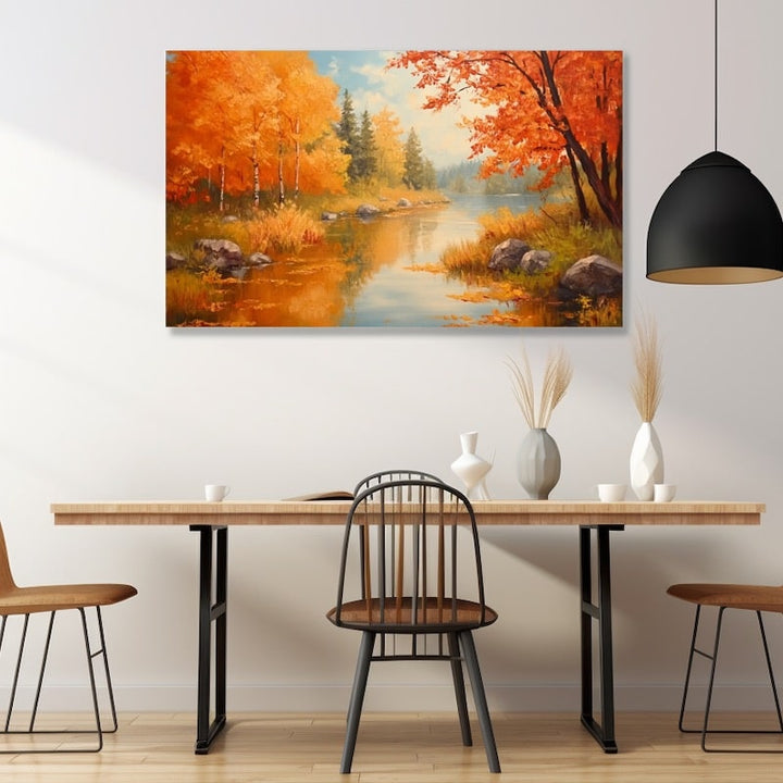 Peinture Rivière Sinueuse d'Automne, art mural décoration nature