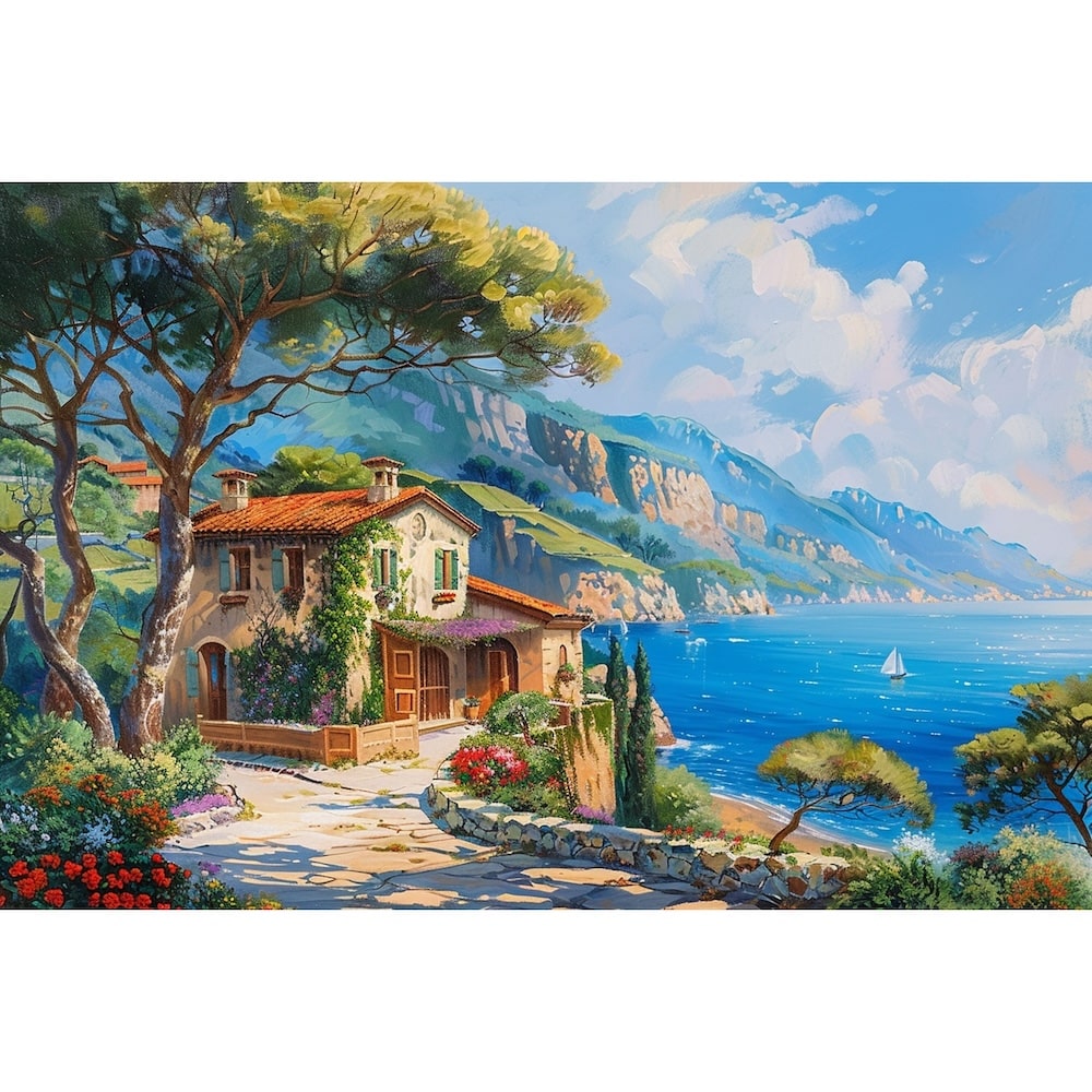 Peinture Paysage avec Maison au Bord de Mer, art mural décoration nature