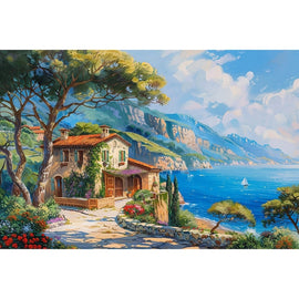 Peinture Paysage avec Maison au Bord de Mer, art mural décoration nature