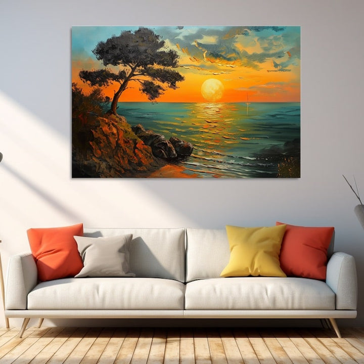 Peinture Paysage Coucher de Soleil, art mural décoration nature