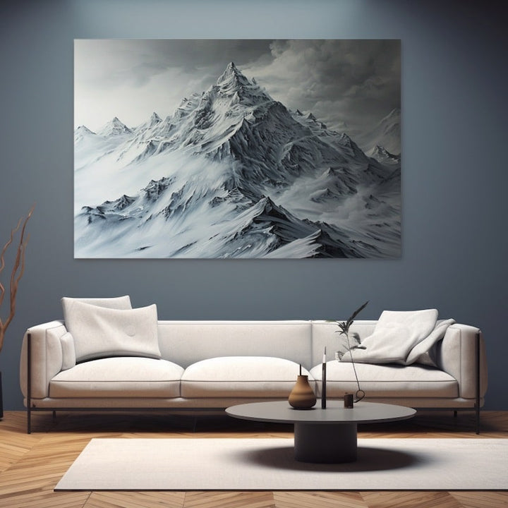Peinture Sommet Enneigé dans la Brume, art mural décoration nature
