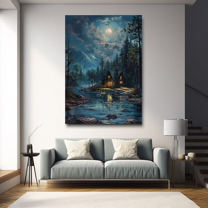 Peinture Chalet Illuminé la Nuit, art mural décoration nature