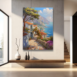 Peinture de Paysage d'Été au Village Côtier, art mural décoration nature