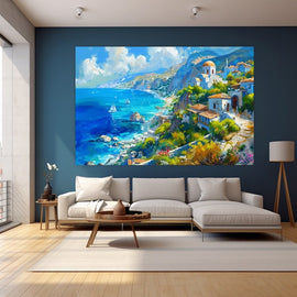 Peinture de Paysage de Grèce, Village au Bord de Mer, art mural décoration nature