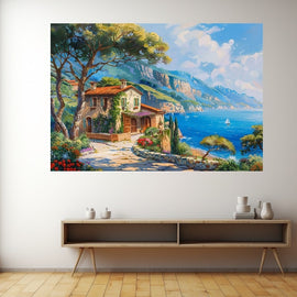 Peinture Paysage avec Maison au Bord de Mer, art mural décoration nature