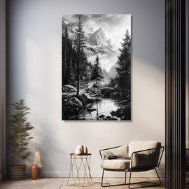 Peinture Paysage Noir et Blanc, art mural décoration nature