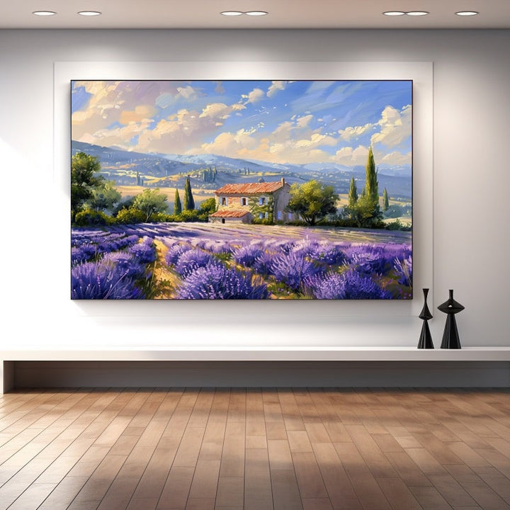 Tableau d'un champ de lavande en rangs violets devant un mas provençal, cyprès et ciel nuageux
