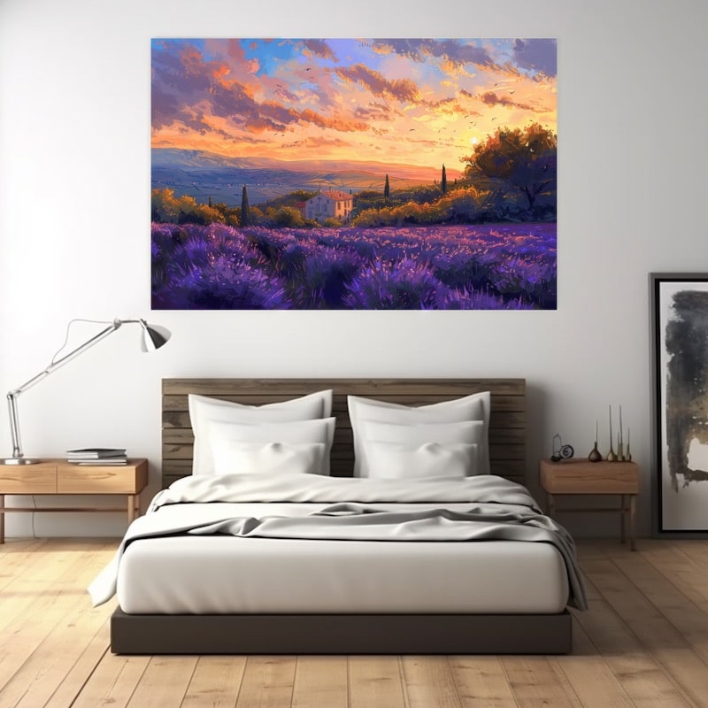Tableau d'un champ de lavande violet au coucher du soleil, mas provençal en pierre claire et ciel orangé