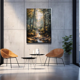 Tableau ruisseau dans un sous-bois automnal lumineux