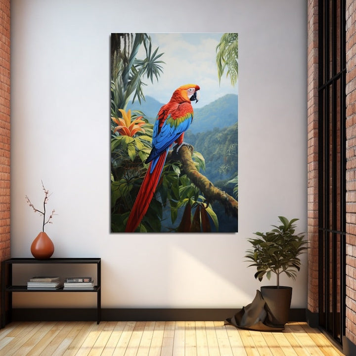 Peinture Ara Écarlate en Jungle, art mural décoration nature