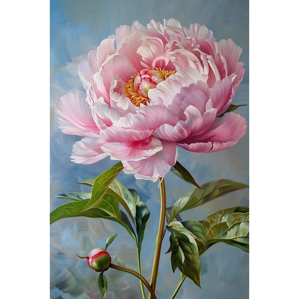 Tableau floral d'une pivoine rose pâle accompagnée de son bouton, larges feuilles vertes sur fond bleu