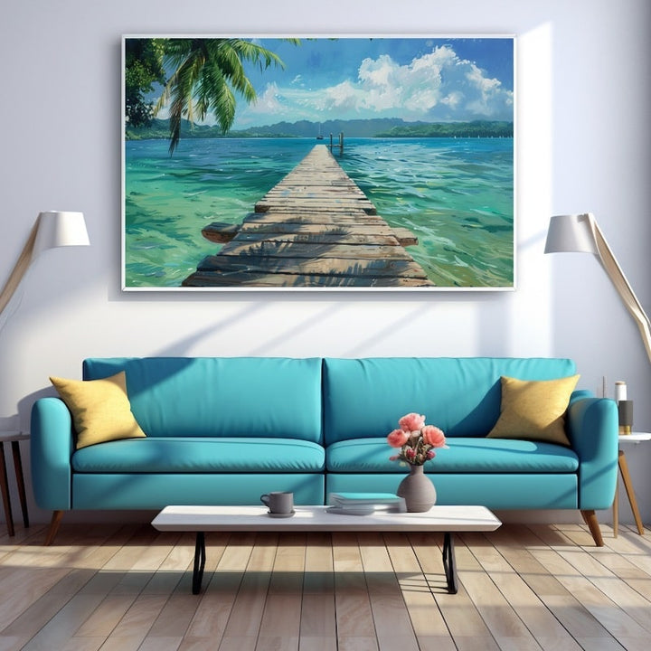 Peinture Ponton Mer, art mural décoration nature