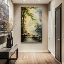 Peinture de Rivière en Sous-Bois avec Cascade, art mural décoration nature
