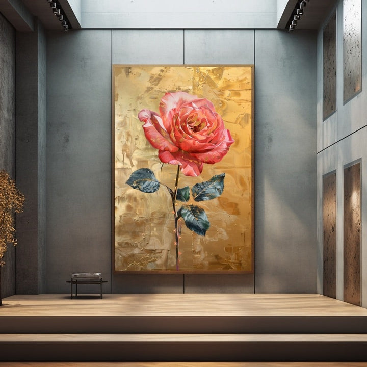 Peinture Rose Or, art mural décoration nature