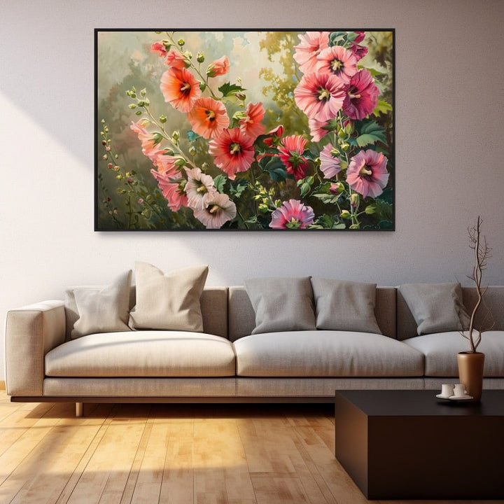 Peinture Roses Trémières, art mural décoration nature