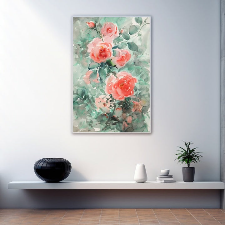 Tableau roses corail à l'aquarelle et feuillage vert d'eau