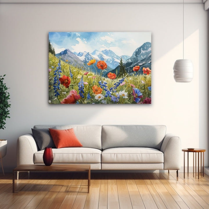 Tableau Prairie Fleurie en Montagne, art mural décoration nature