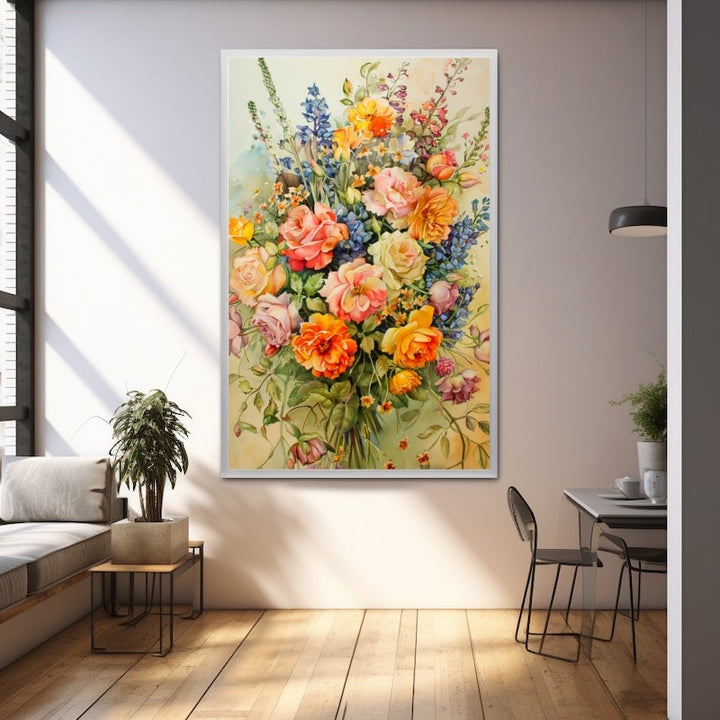 Tableau bouquet champêtre multicolore à l'aquarelle