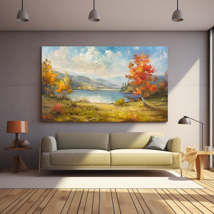 Tableau Paysage d'Automne au Bord du Lac, art mural décoration nature