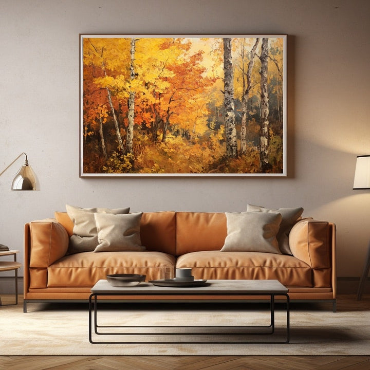 Peinture Bouleaux Dorés d'Automne, art mural décoration nature