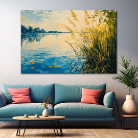 Peinture Étang aux Roseaux en Été, art mural décoration nature