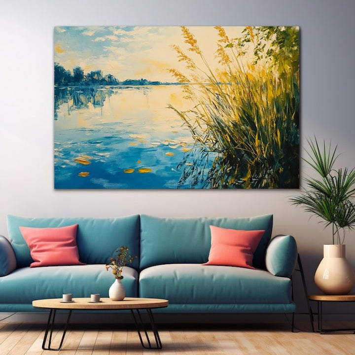Peinture Étang aux Roseaux en Été, art mural décoration nature