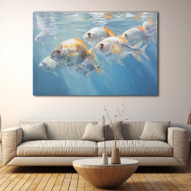 Peinture Banc de Poissons Argentés, art mural décoration nature
