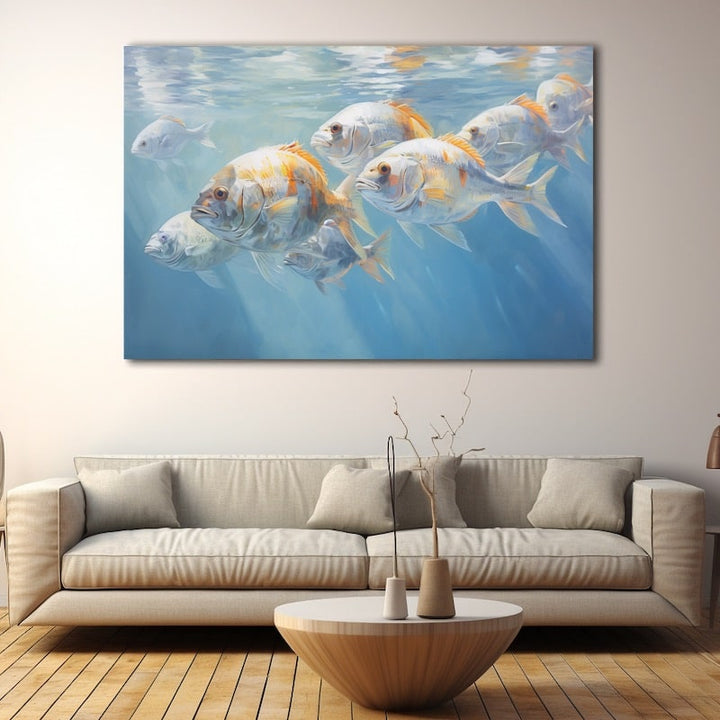 Peinture Banc de Poissons Argentés, art mural décoration nature