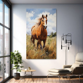 Peinture Cheval en Prairie d'Été, art mural décoration nature