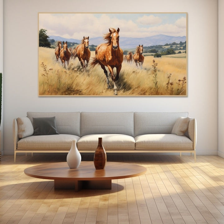 Peinture Troupeau de Chevaux en Prairie, art mural décoration nature