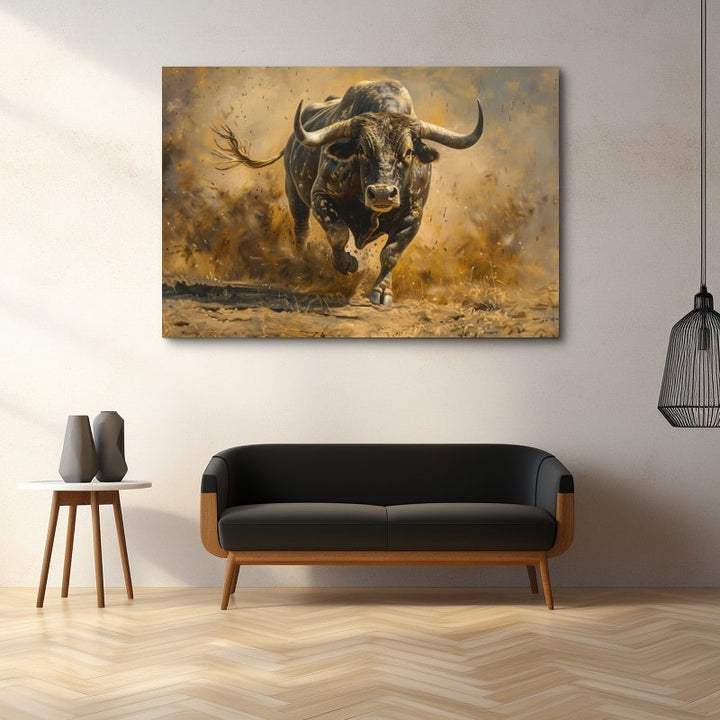 Peinture Taureau en Charge, art mural décoration nature
