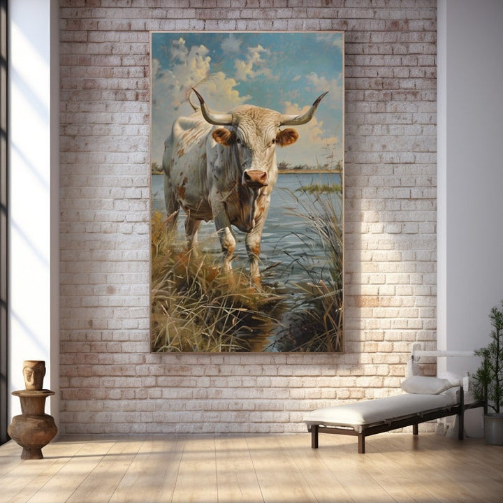 Peinture Taureau Camargue en Portrait, art mural décoration nature