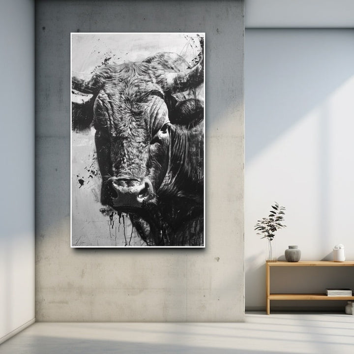 Peinture Taureau Noir et Blanc, art mural décoration nature