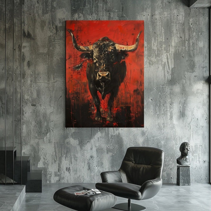 Peinture Taureau Rouge, art mural décoration nature